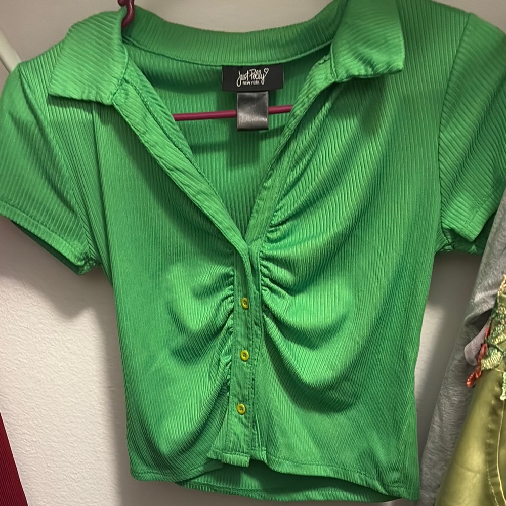 Green Ruched Button-Up Top